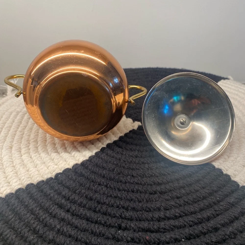 Vintage Copper Sugar Bowl with Brass Finial and Handles - Collectible